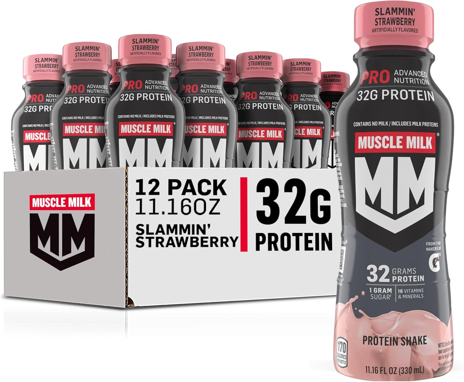 Muscle Milk Pro Advanced Nutrition Protein Shake, Slammin' Strawberry, 11.16 Fl Oz (Pack of 12), 32g Protein, 1g Sugar, 16 Vitamins & Minerals, 5g Fiber, Bottled Liquid, Gluten Free