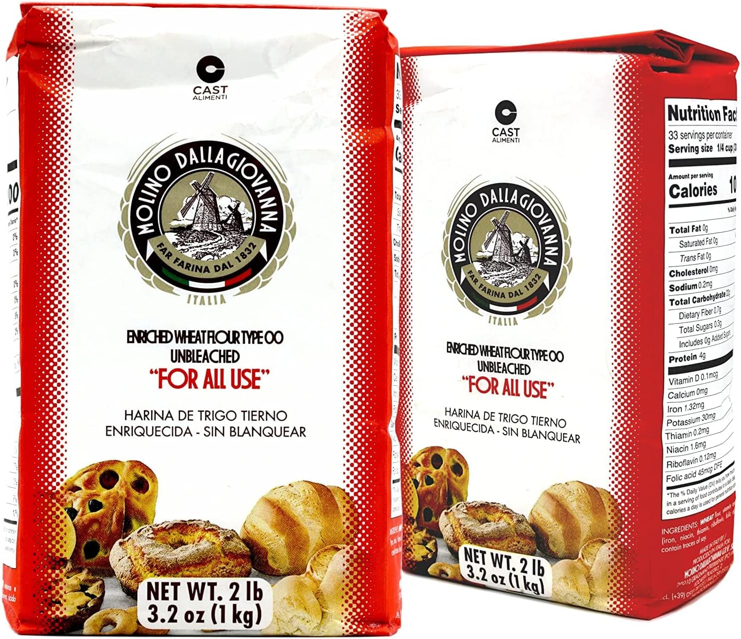 Molino Dallagiovanna Universale All-Purpose Italian Flour, 4.4 Pounds, (2Kg) Non-GMO, No Glyphosate, No Bromate Cold Water Processed