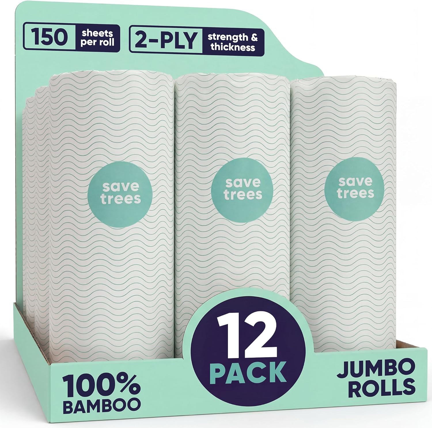 Save Trees Bamboo Paper Towels 12pk - 1800 Sheets Paper Towel Rolls Ultra Absorbent & Durable EcoTowels - FSC-Certified, Vegan Bamboo Kitchen Rolls