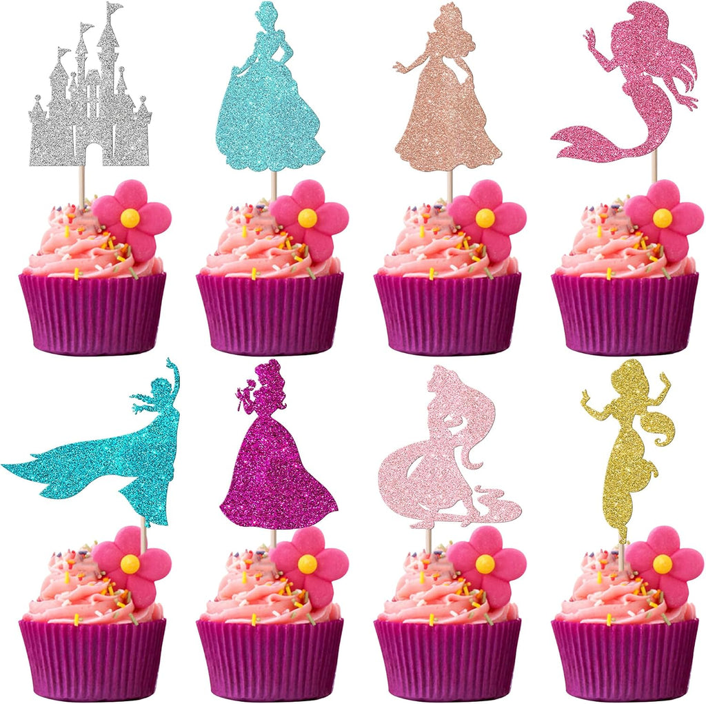 Rsstarxi 24 Pack Mermaid Theme Birthday Cupcake Toppers Glitter Princess Castle Girl Birthday Cupcake Picks for Princess Mermaid Theme Baby Shower Girl Birthday Party Cake Decorations Multi