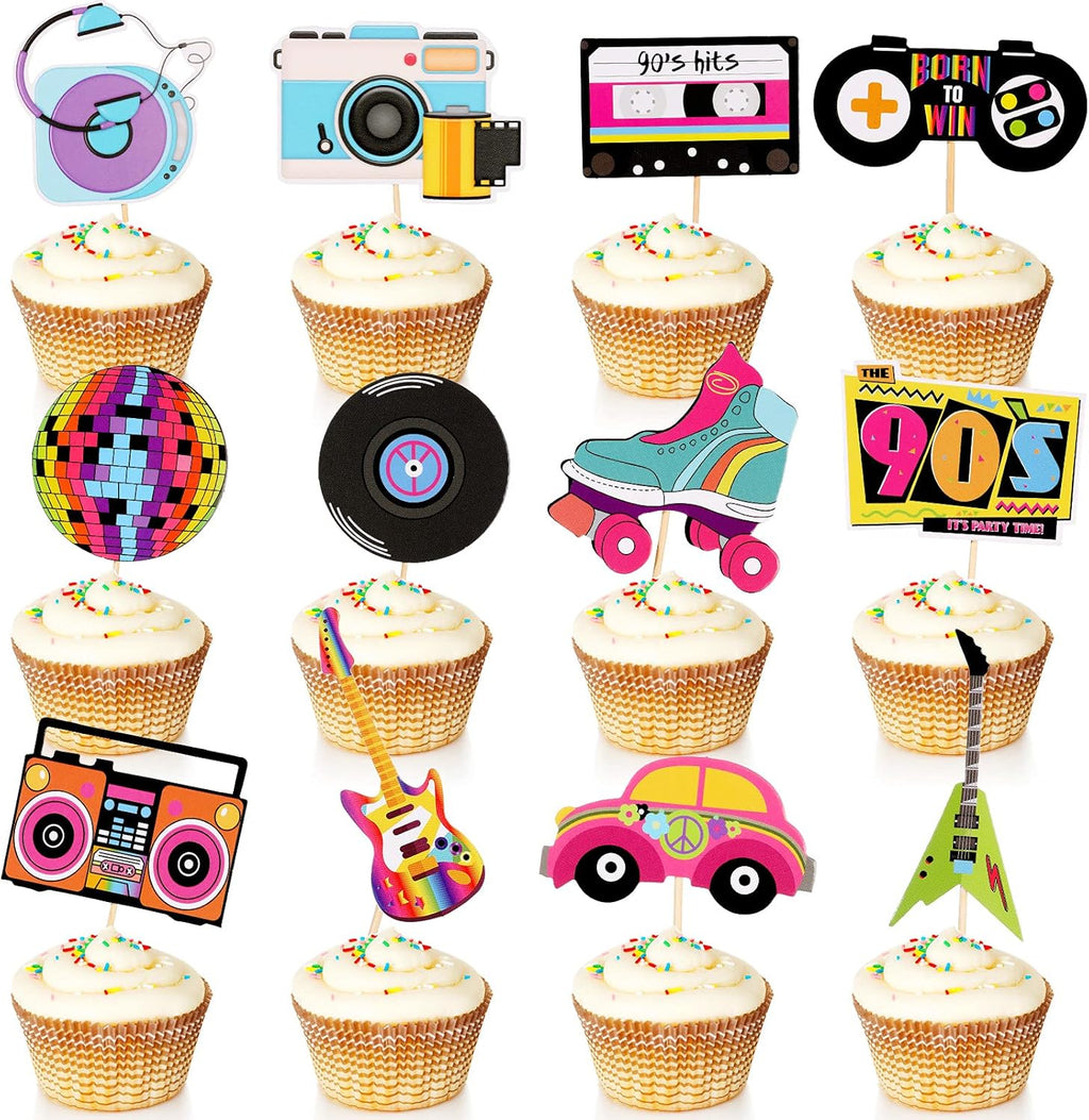 Epakh 48 Pieces 90s Cupcake Topper 90's Theme Party Decorations Hip Hop Music Dance Retro Skate Cupcake Toppers Birthday Stuff for Throwback Decorations Cake Party Supplies