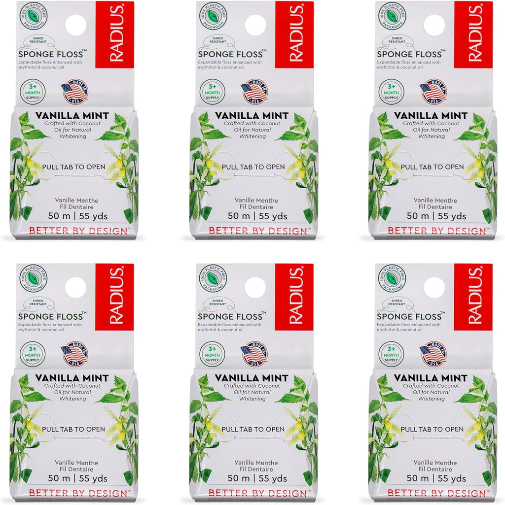 Radius Vanilla Mint Dental Floss 55 Yards Vegan & Non-Toxic Oral Care Boost & Designed to Help Fight Plaque Clear - Pack of 6