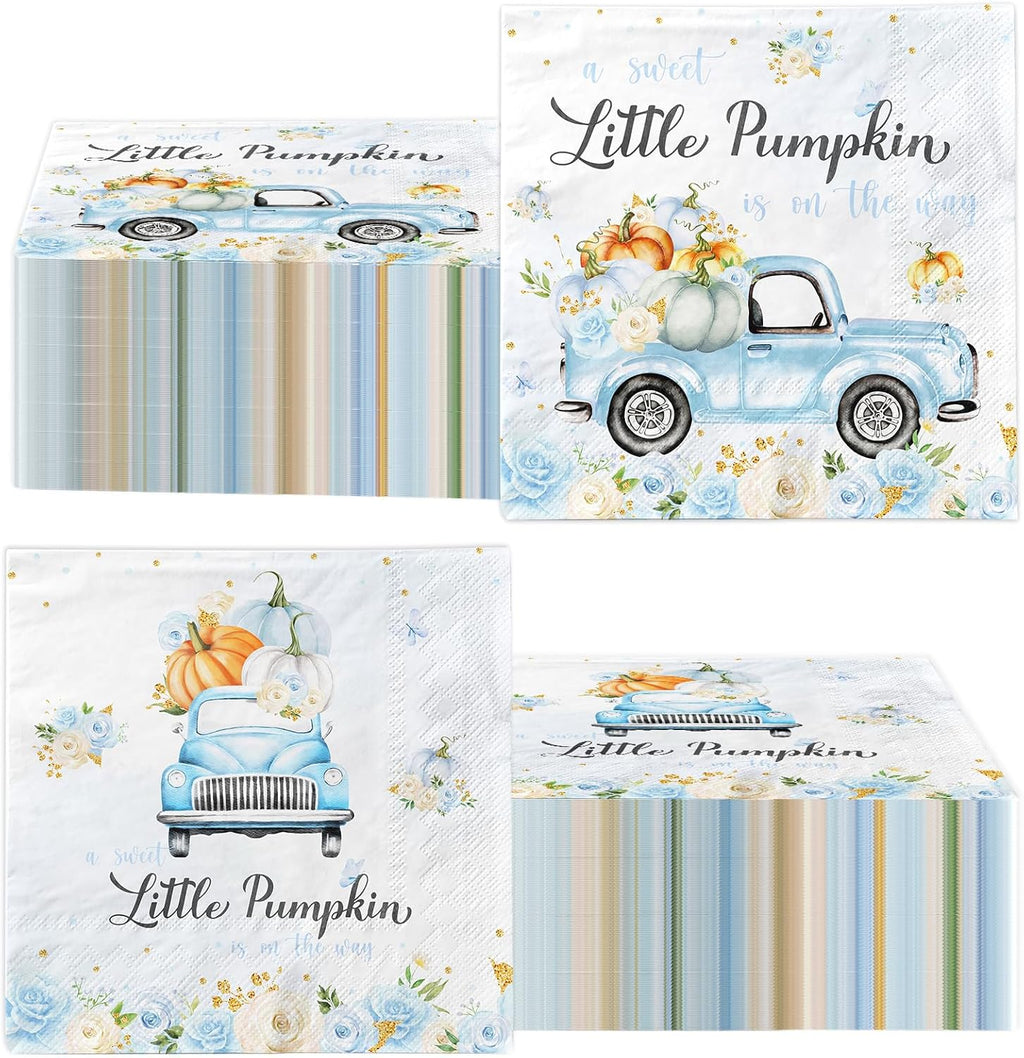 A Sweet Little Pumpkin is on The Way Napkins,Pumpkin Boy Baby Shower Decorations Blue Truck Rose,A Sweet Little Pumpkin is on The Way Baby Shower Gender Reveal Party