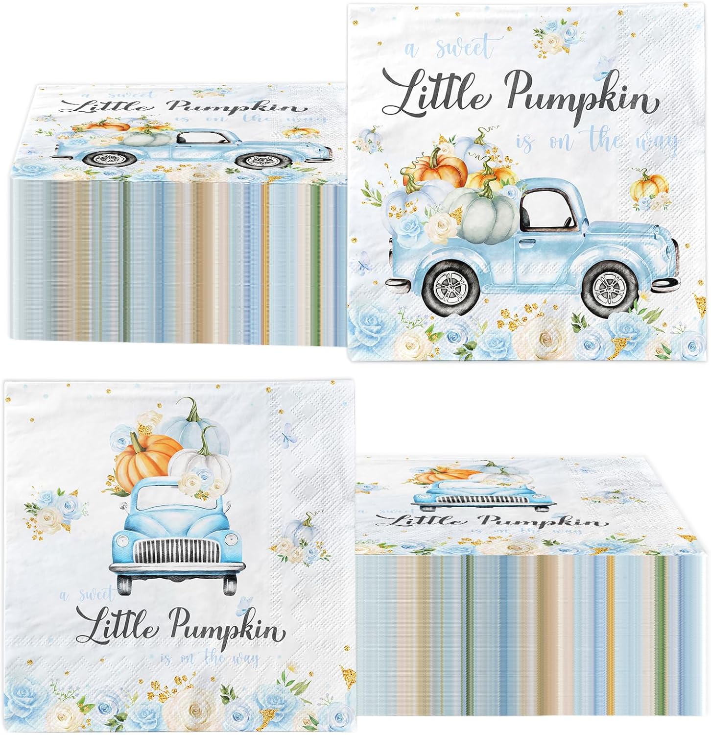 A Sweet Little Pumpkin is on The Way Napkins,Pumpkin Boy Baby Shower Decorations Blue Truck Rose,A Sweet Little Pumpkin is on The Way Baby Shower Gender Reveal Party