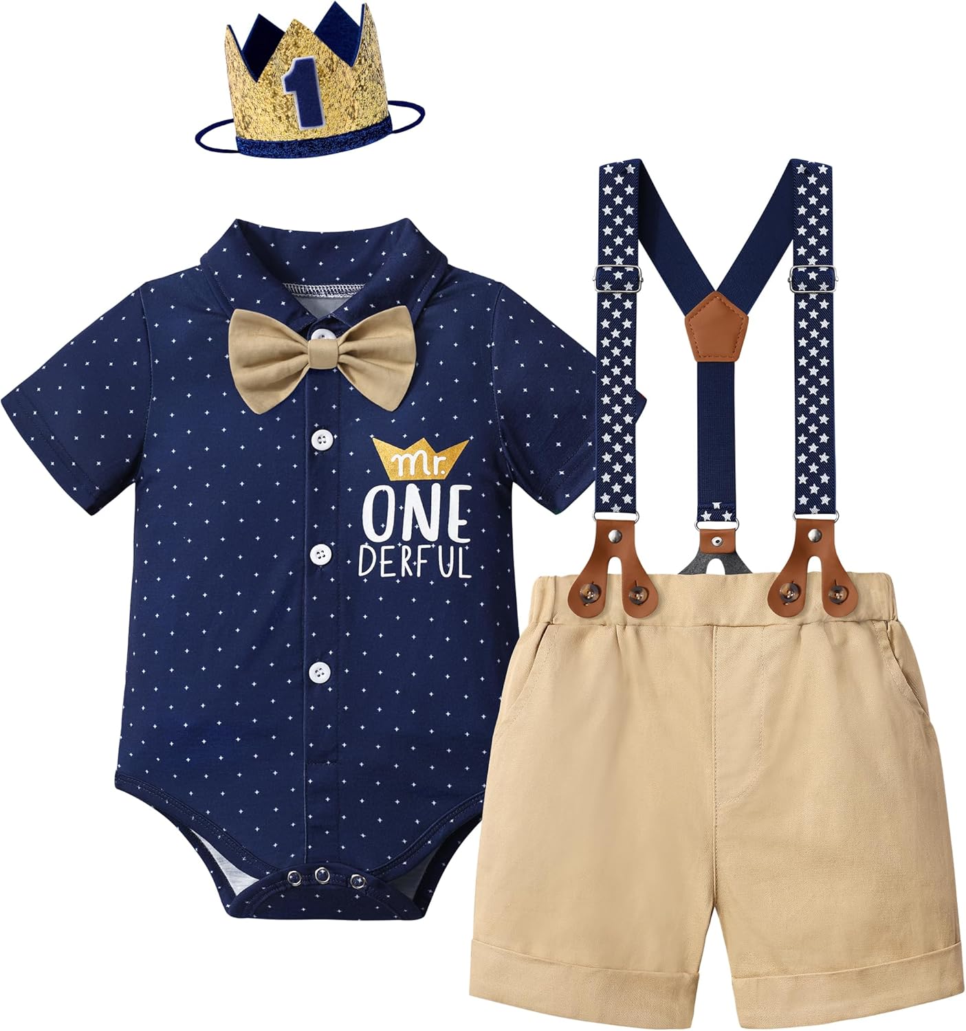 DONWEN Baby Boy First Birthday Outfit Mr Onederful Bowtie Romper + Suspender Shorts+ Party Hat Cake Smash Outfits