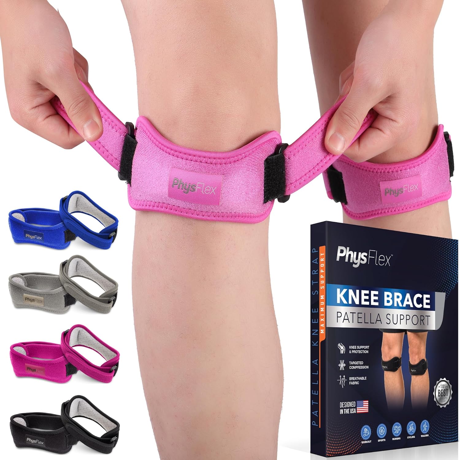 2 Pack Patella Knee Brace - Knee Support and Pain Relief, Running, Hiking, Basketball, Jumpers Knee, Tendonitis, Adjustable Strap Patellar Tendon Stabilizer (Pink)