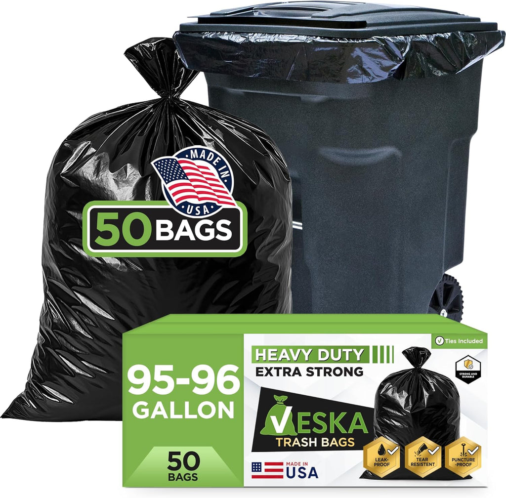Veska 95-96 Gallon Trash Bags Heavy Duty (Huge 50 Bags W/Ties) 95-96 Gallon Trash Bags Large Black Heavy Duty Can Liners, Large 90-100 Gallon Garbage Can Liners