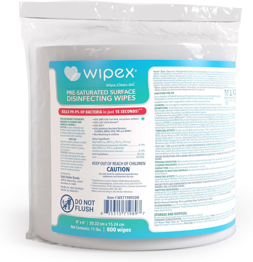 Wipex Disinfecting Wipes for Workout Equipment, Surfaces & Commercial Gyms - Antibacterial Refills, EPA Registered, Kills Germs in 15 Seconds - Bulk 800 Count for Dispensers
