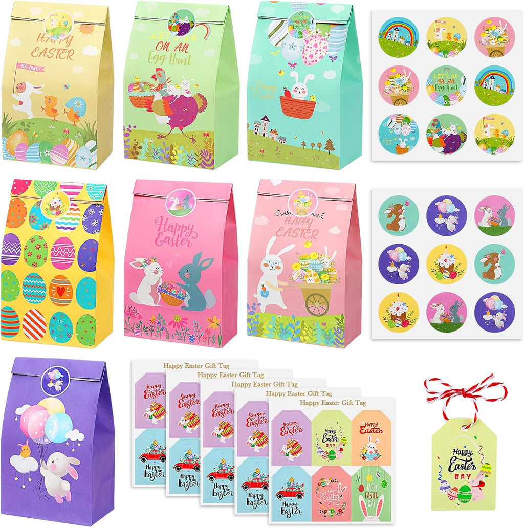 Sublaga 28PCS Easter Treat Bags, Easter Goodie Bags for Kids, Paper Bag Bulk for Candy, Gift, Party Favors, Eggs/Chicks/Bunny Printing with 30PCS Stickers and 30PCS Cotton Ropes