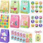 Sublaga 28PCS Easter Treat Bags, Easter Goodie Bags for Kids, Paper Bag Bulk for Candy, Gift, Party Favors, Eggs/Chicks/Bunny Printing with 30PCS Stickers and 30PCS Cotton Ropes