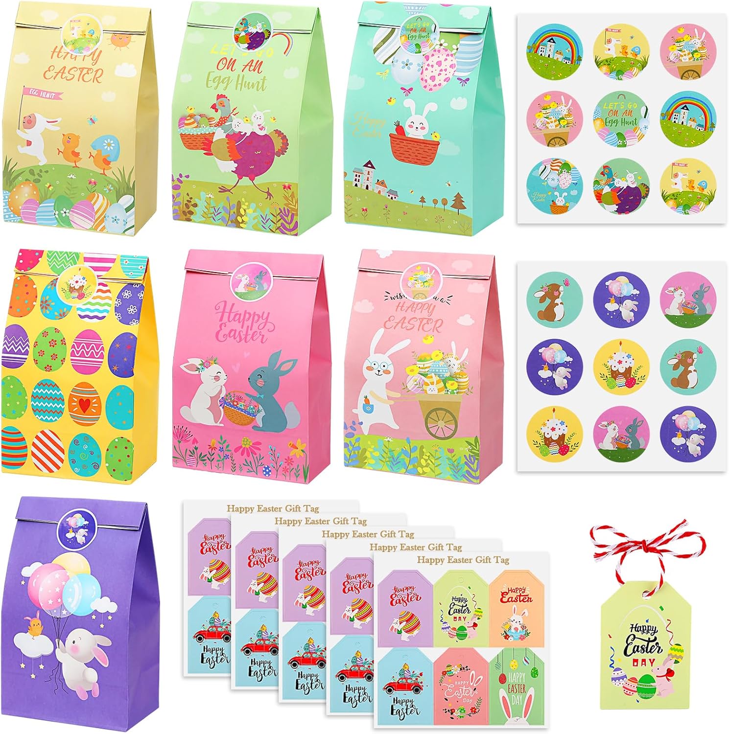 Sublaga 28PCS Easter Treat Bags, Easter Goodie Bags for Kids, Paper Bag Bulk for Candy, Gift, Party Favors, Eggs/Chicks/Bunny Printing with 30PCS Stickers and 30PCS Cotton Ropes