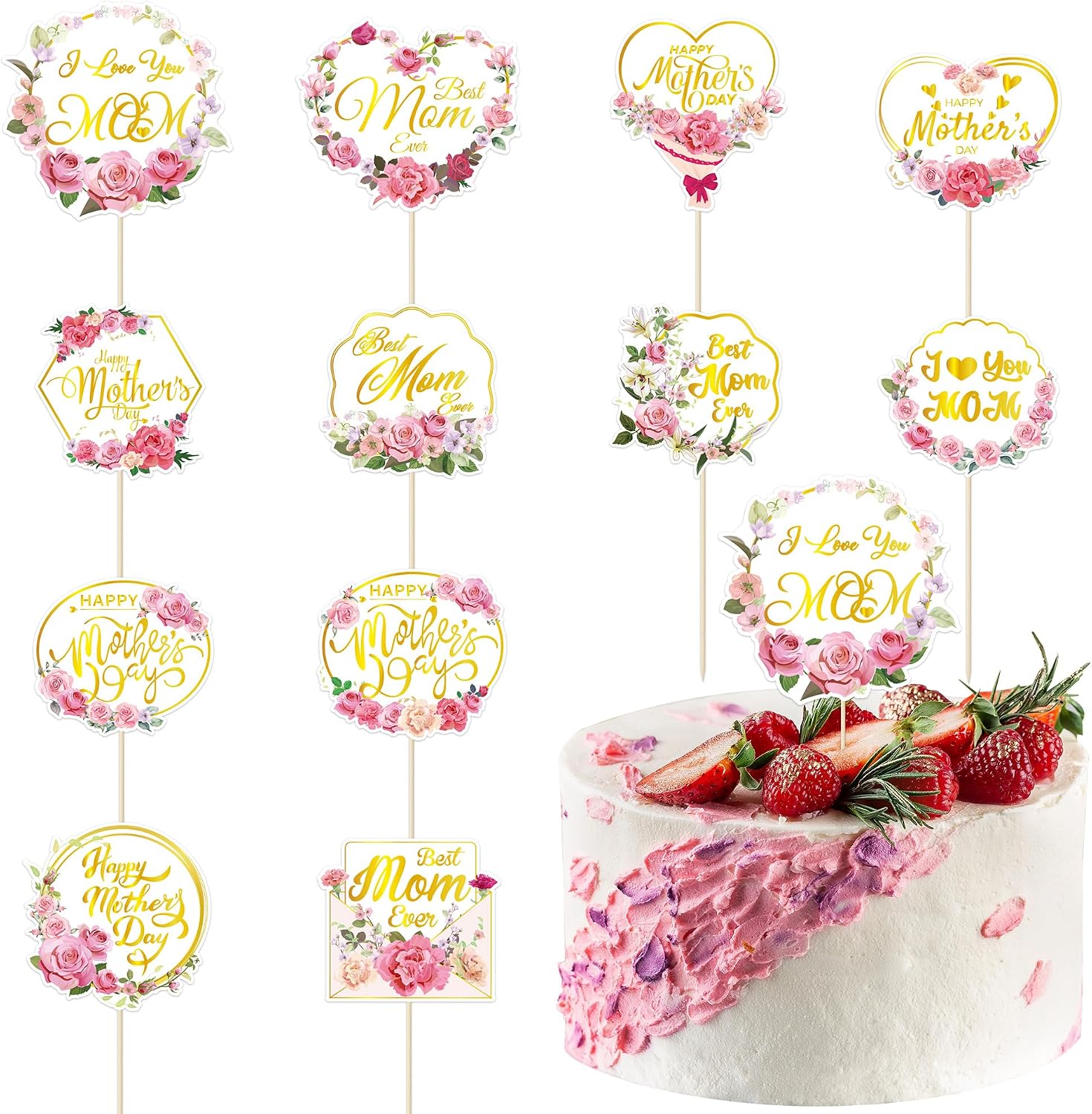 12 Pcs Happy Mothers Day Cupcake Topper, Flower Gold Foil Shape Mother's Day Cake Picks, Best Mom Ever Love You Mom Mother's Day Cake Sticks, Mom Cake Decorations for Mothers Day Party