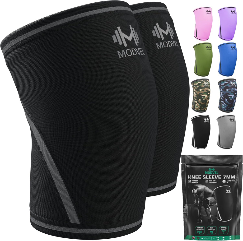 Modvel 7mm Neoprene Knee Sleeves for Men & Women Weightlifting & Powerlifting – Compression Knee Sleeve Support for Squats, Gym, Training – USPA, IPL Approved – Medium Black (Pair)