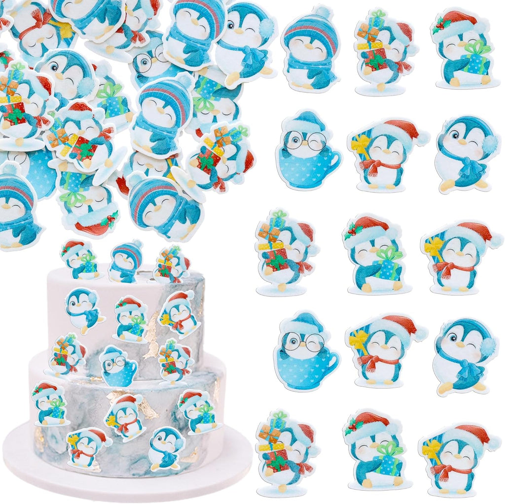 Gyufise 48Pcs Edible Penguin Cupcake Toppers Wafer Paper Cute Penguin Cake Picks for Xmas Holiday New Year Holiday Baby Shower Kids Birthday Party Supplies Blue