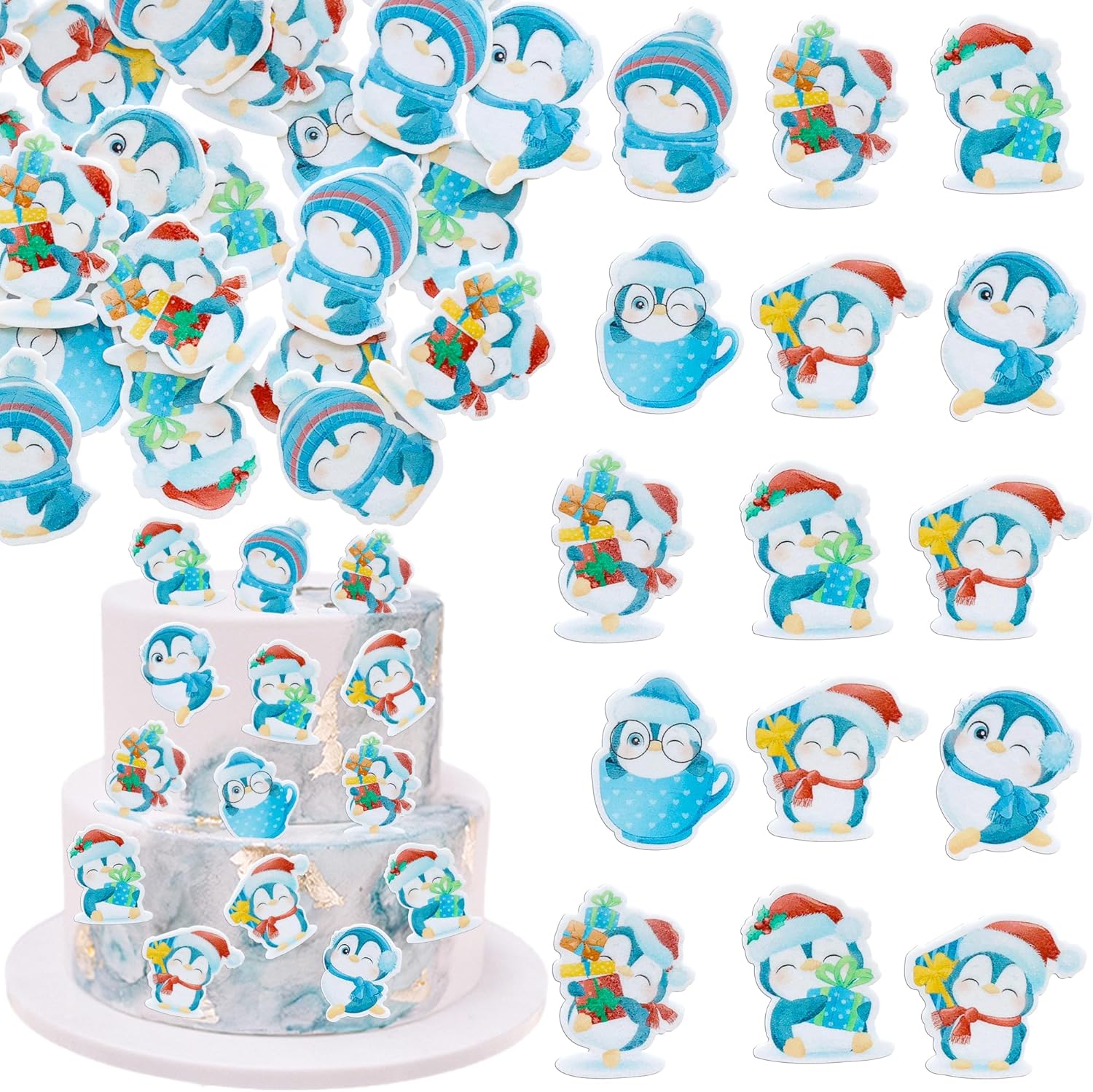 Gyufise 48Pcs Edible Penguin Cupcake Toppers Wafer Paper Cute Penguin Cake Picks for Xmas Holiday New Year Holiday Baby Shower Kids Birthday Party Supplies Blue