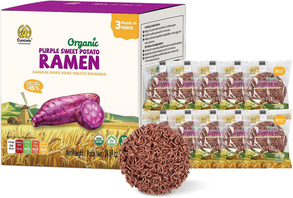 SUNGIVEN Organic Ramen Noodles Purple Sweet Potato Healthy Low Sodium Ready in 3 Minutes Non-Fried Instant No Additives or Preservatives 2.47 OZ (Pack of 10)