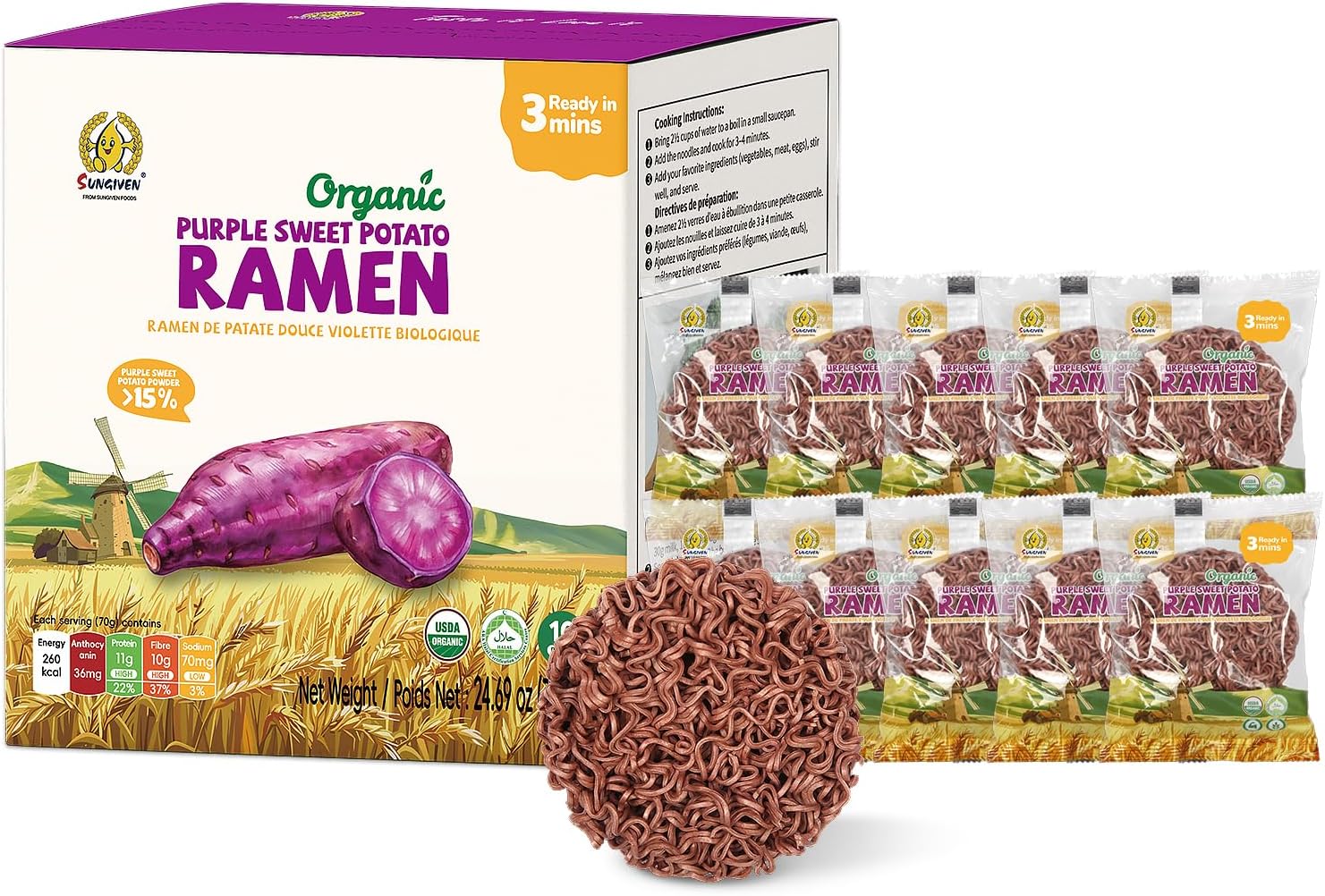 SUNGIVEN Organic Ramen Noodles Purple Sweet Potato Healthy Low Sodium Ready in 3 Minutes Non-Fried Instant No Additives or Preservatives 2.47 OZ (Pack of 10)