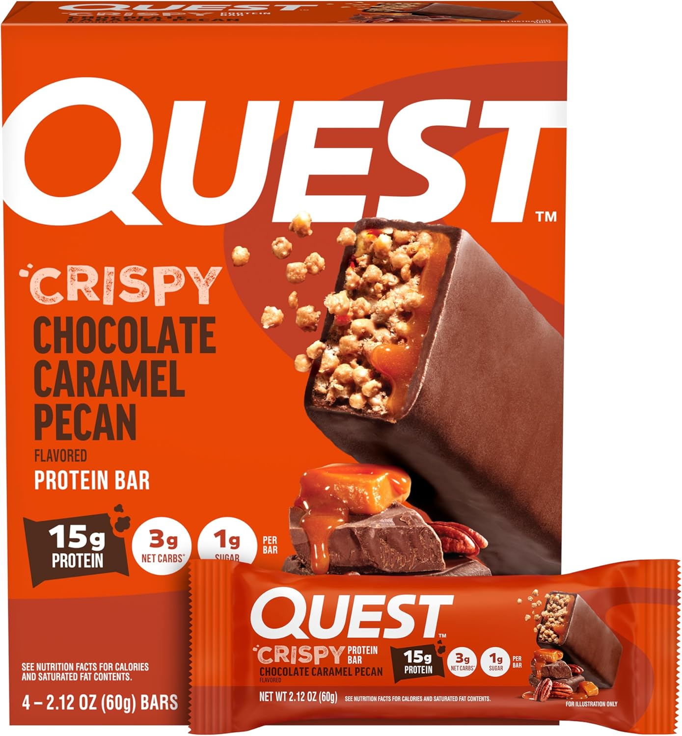 Quest Nutrition Crispy Chocolate Caramel Pecan Hero Protein Bar, 15g Protein, 1g Sugar, 3g Net Carb, Gluten Free Protein Snack, Keto Friendly, 4 Count