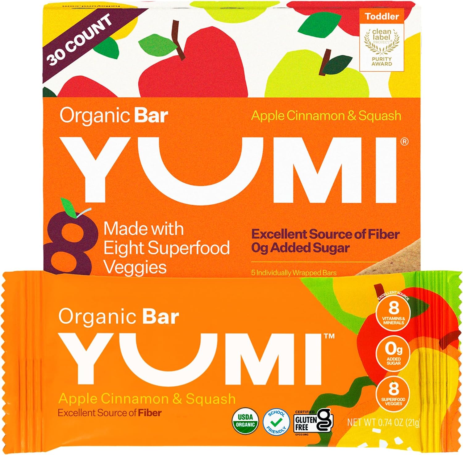 Yumi Organic Toddler Snacks Bars - Gluten-Free, No Added Sugar, 7+ Vegetables, Soft-Baked Crust Yumi Bars, Healthy Toddler Organic Snacks - School Safe and for Lunch Boxes, Apple Cinnamon & Squash (30ct.)