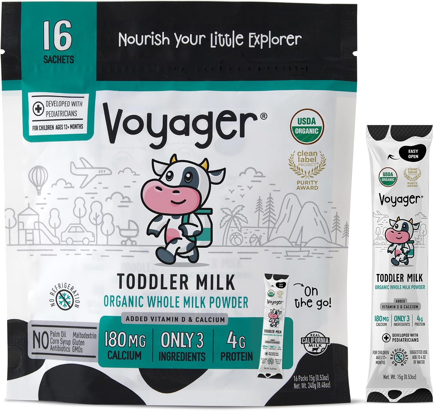 Voyager Toddler Milk On The Go, USDA Organic Shelf Stable Whole Milk Powder, Great for Travel, No Refrigeration, Gluten Free with No GMO's and No Antibiotics for Kids, 16 Sachets of 15g