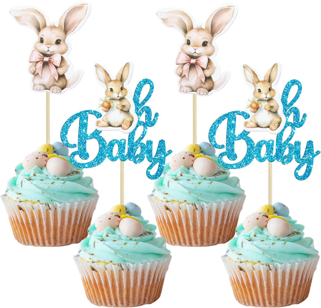 Gyufise 24Pcs Easter Bunny Oh Baby Cupcake Toppers Rabbit Baby Shower Cupcake Pick Decorations for Easter Theme Spring Birthday Baby Shower Party Supplies Blue Glitter