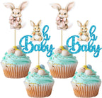 Gyufise 24Pcs Easter Bunny Oh Baby Cupcake Toppers Rabbit Baby Shower Cupcake Pick Decorations for Easter Theme Spring Birthday Baby Shower Party Supplies Blue Glitter