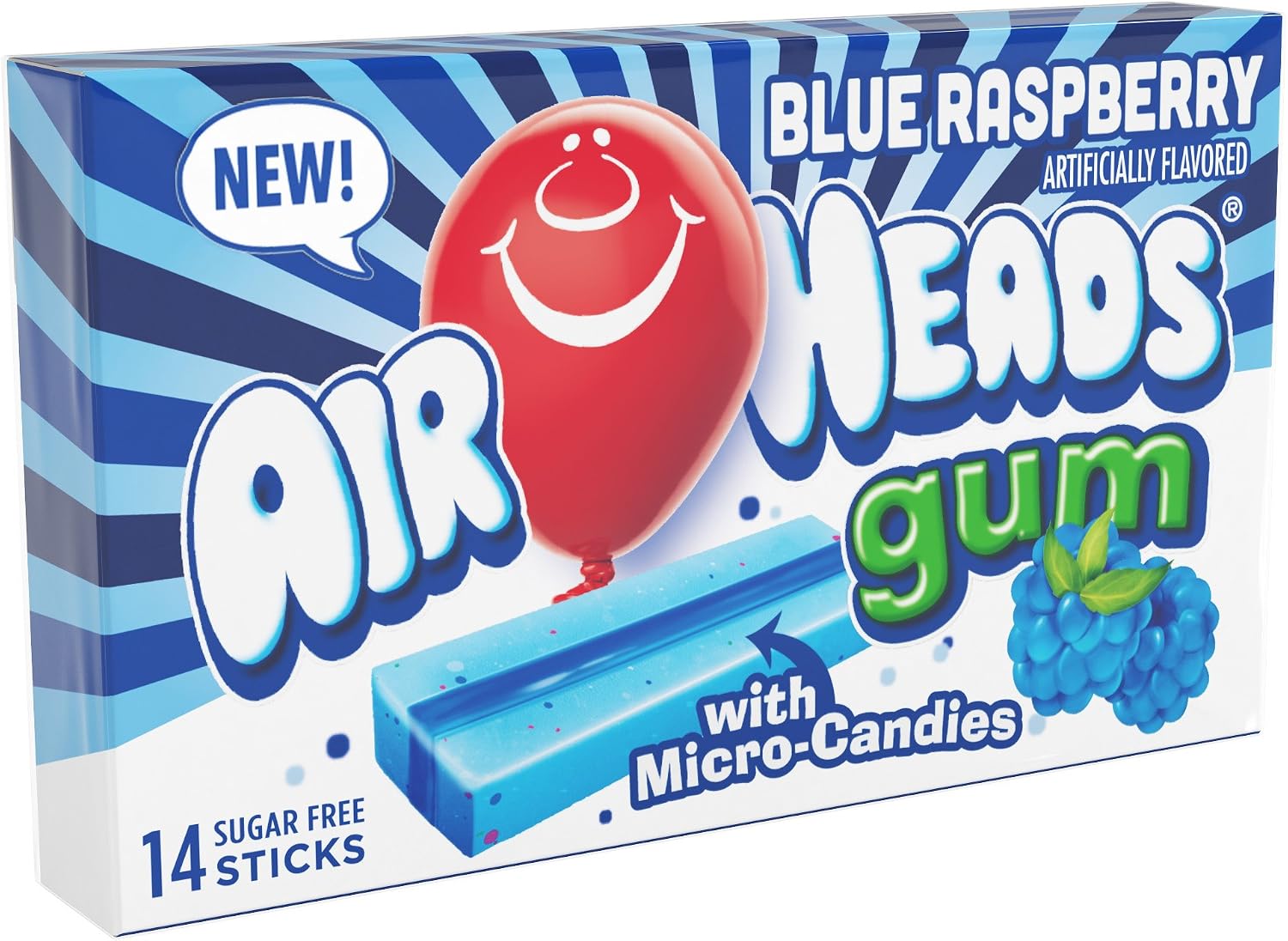 Airheads Candy Sugar-Free Chewing Gum with Xylitol, Blue Raspberry, 14 Sticks (Pack of 12)