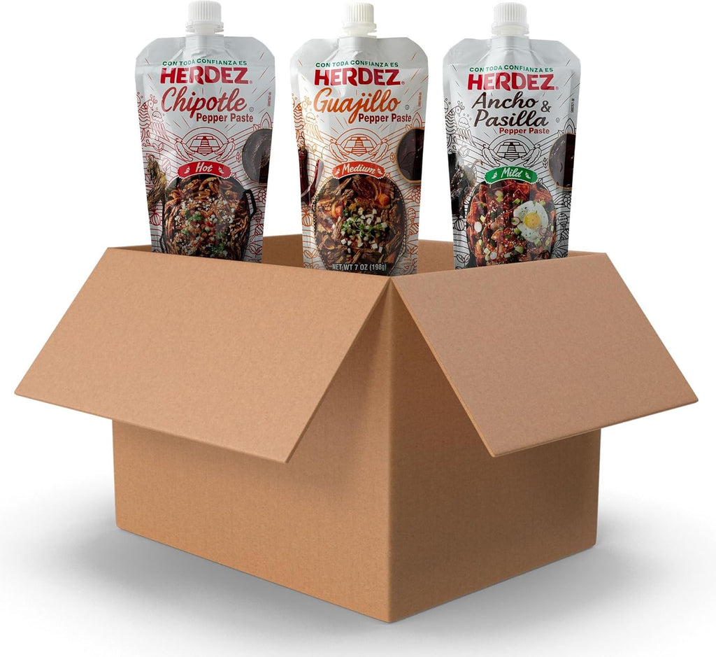 HERDEZ Pepper Paste Trio, Chipotle (Hot), Guajillo (Medium), Ancho & Pasilla (Mild) 7 oz Squeeze Pouch with Easy Close Twist Cap (3 Pack)– Bold Mexican Flavor & Dried Chile Pepper Alternative