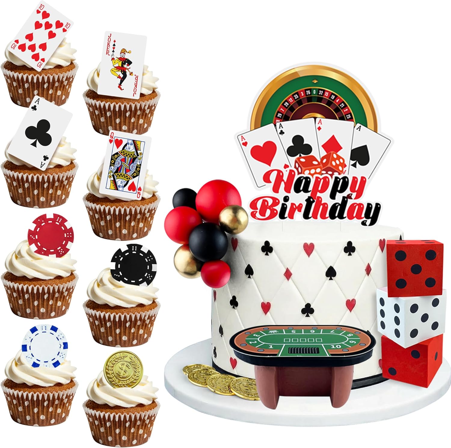 40PCS Poker Cake Toppers Casino Theme Cake Decorations Dice Poker Perfect for Man Casino Theme Party Black and Red Toppers