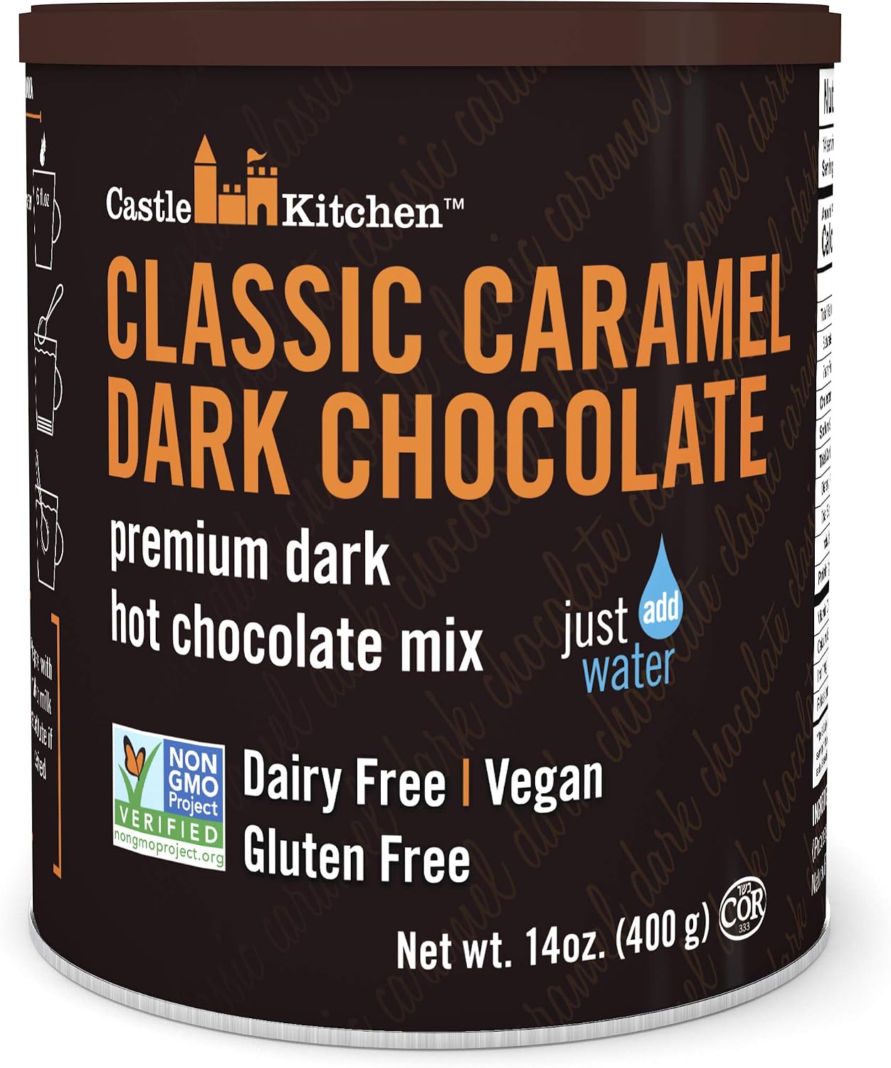Castle Kitchen Classic Caramel Dark Chocolate Premium Hot Cocoa Mix - Dairy-Free, Vegan, Plant Based, Gluten-Free, Non-GMO Project Verified, Kosher - Just Add Water - 14 oz