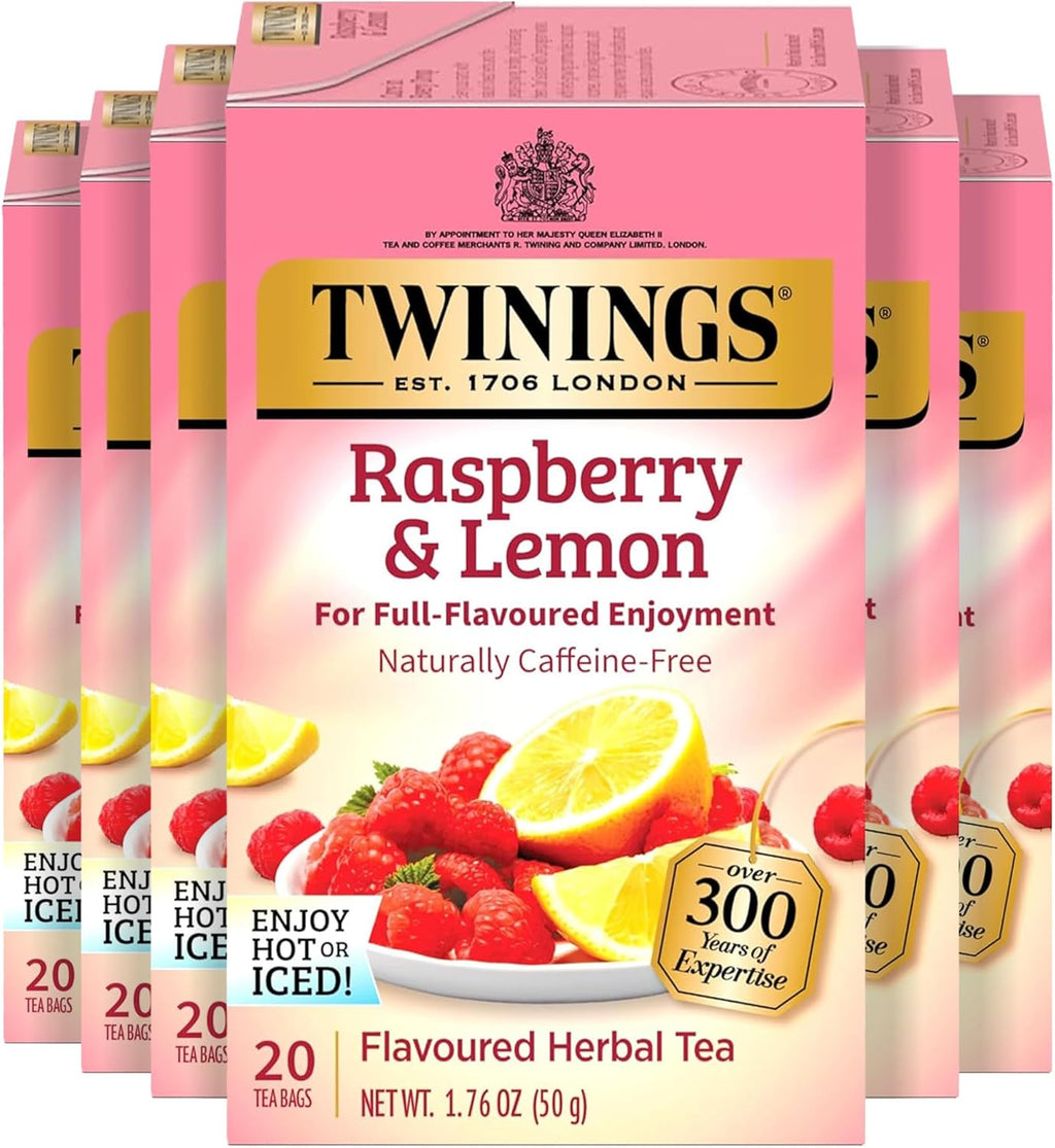 Twinings Raspberry & Lemon Herbal Tea Individually Wrapped Bags, 20 Count (Pack of 6), Fruity & Zesty, Naturally Caffeine-Free, Enjoy Hot or Iced, 120 Teabags