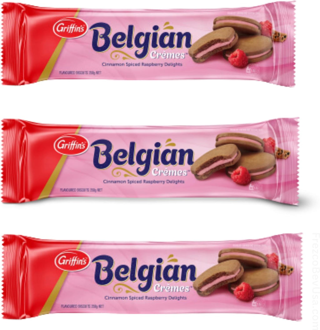 Griffin's - Belgian Cremes Biscuits (Pack Of 3 x 250 Ea) Cinnamon Biscuits with Delicious Raspberry Flavoured Crème Centres, From New Zealand