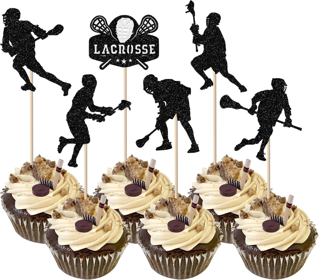Rsstarxi 24 Pack Black Glitter Lacrosse Cupcake Toppers Lacrosse Party Decorations for boys Lacrosse Player Cupcake Picks for Lacrosse Sport Baby Shower Birthday Party Cake Decorations