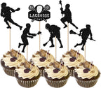 Rsstarxi 24 Pack Black Glitter Lacrosse Cupcake Toppers Lacrosse Party Decorations for boys Lacrosse Player Cupcake Picks for Lacrosse Sport Baby Shower Birthday Party Cake Decorations