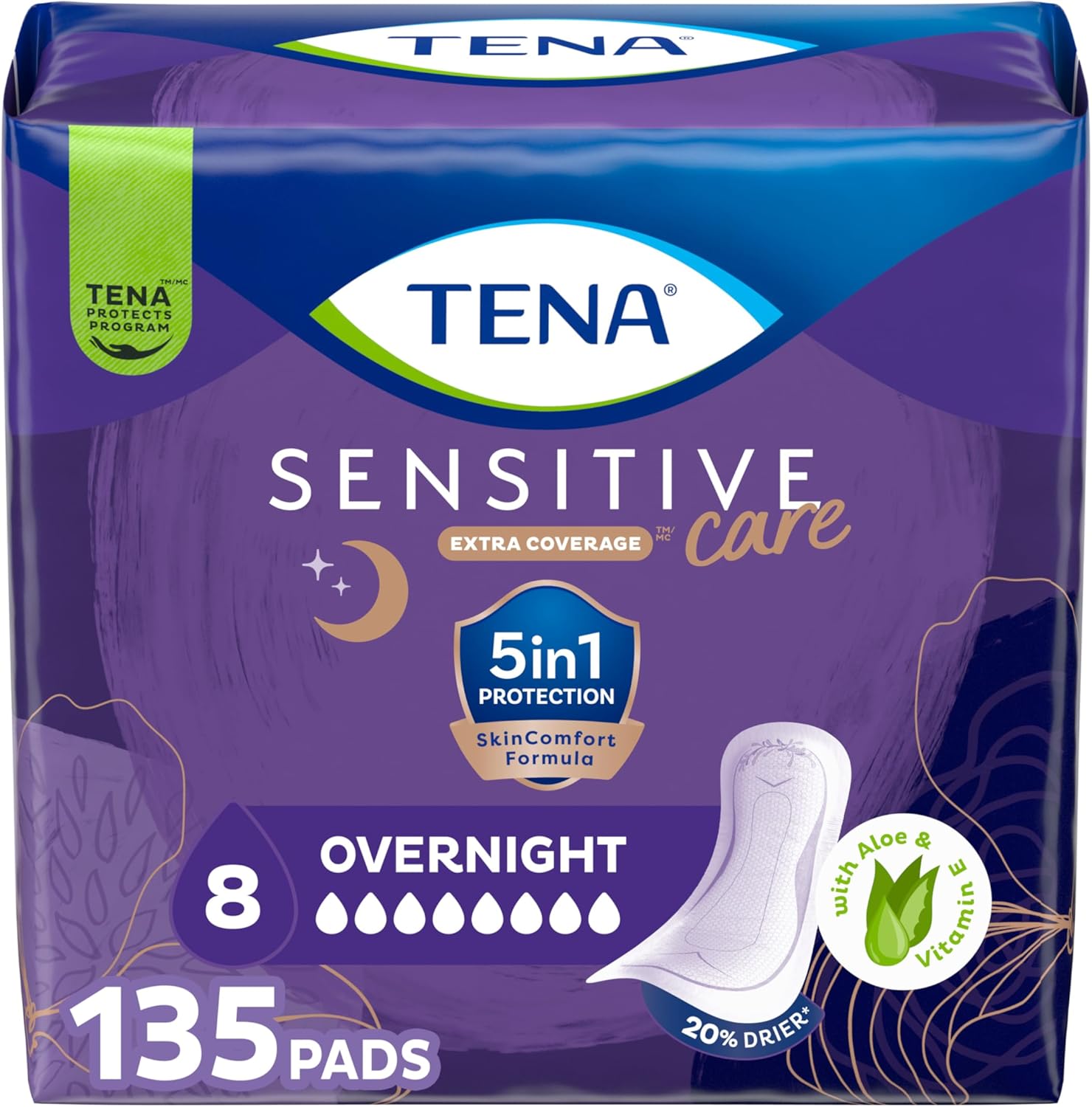 TNA Sensitive Care Incontinence Pads, Bladder Control, Postpartum for Women, Overnight Absorbency, Extra Coverage, 135 Count