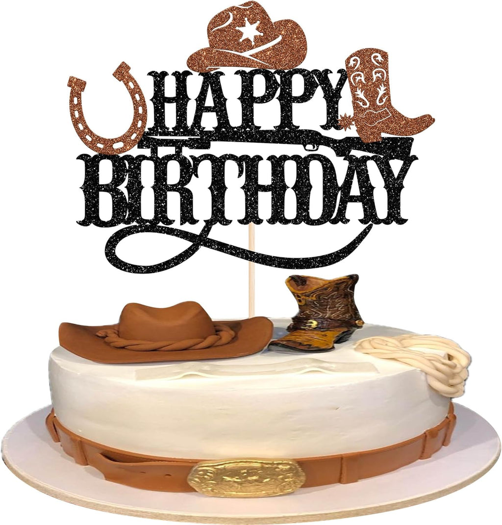Rsstarxi 1 Pack Cowboy Happy Birthday Cake Topper Glitter Black Brown Western Cowboy Cake Pick Decoration for Boys Western Theme Gender Reveal Birthday Party Cake Decorations Supplies
