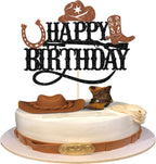 Rsstarxi 1 Pack Cowboy Happy Birthday Cake Topper Glitter Black Brown Western Cowboy Cake Pick Decoration for Boys Western Theme Gender Reveal Birthday Party Cake Decorations Supplies