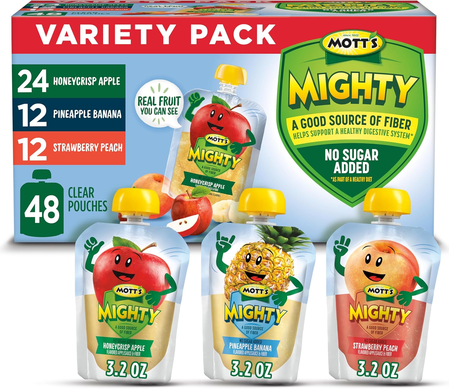 Mott's Mighty Applesauce Variety Pack, 3.2 oz Clear Pouches, 48 Count (4 Packs of 12)