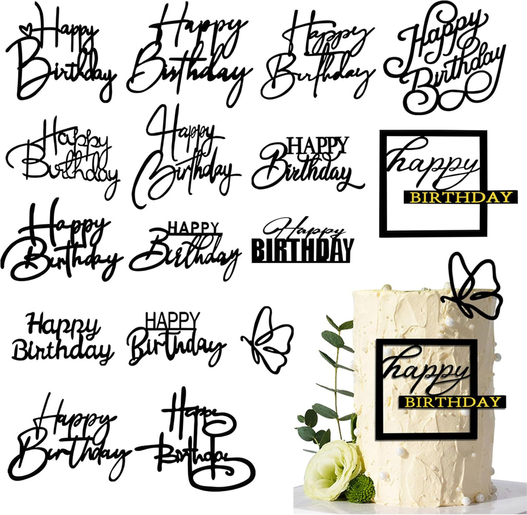15 PCS Black Happy Birthday Cake Toppers Acrylic Mirror Inserts for Cakes Cupcakes Desserts 15 Styles