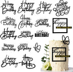 15 PCS Black Happy Birthday Cake Toppers Acrylic Mirror Inserts for Cakes Cupcakes Desserts 15 Styles
