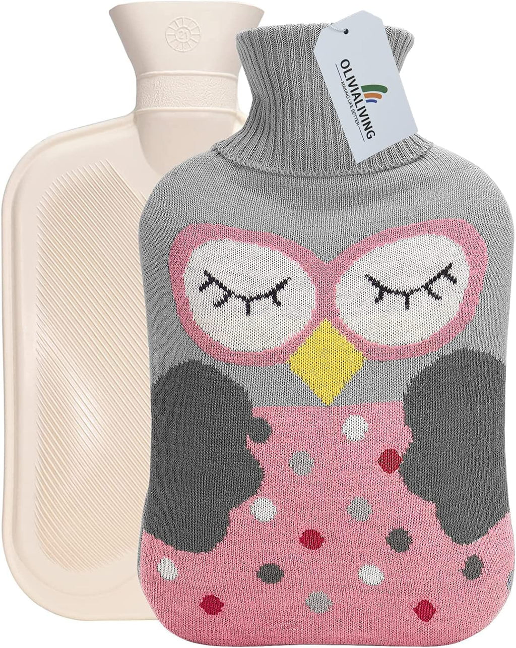Hot Water Bag Hot Water Bottle 2 Liter Heat Up and Refreezable Hot Cold Pack with Knit Cover for Pain Relief Hot Cold Therapy, Cartoon Owl