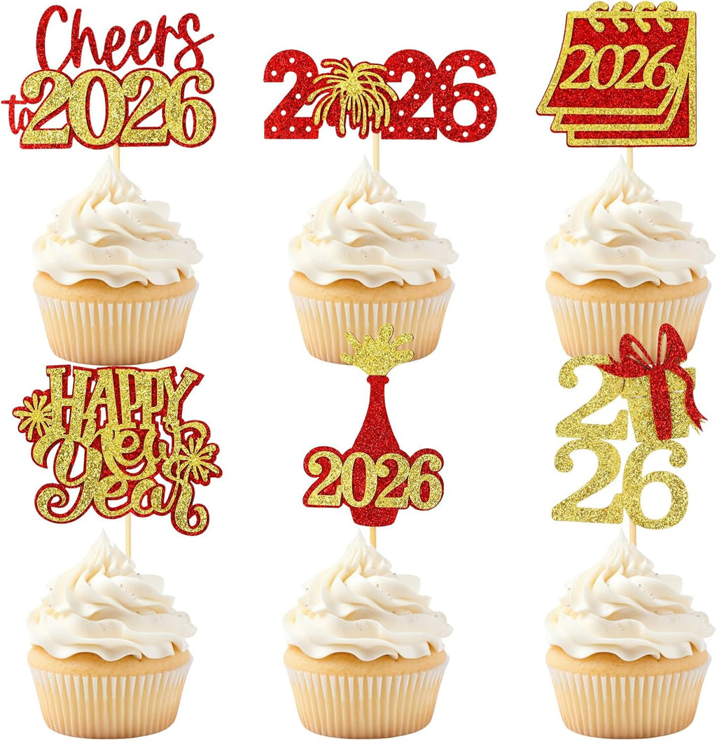 24 Pcs Happy New Year Cupcake Toppers Glitter 2026 Cupcake Picks Fireworks Hello 2026 Cake Decorations for Cheers to New Year Party Supplies (Red & Gold)
