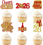 24 Pcs Happy New Year Cupcake Toppers Glitter 2026 Cupcake Picks Fireworks Hello 2026 Cake Decorations for Cheers to New Year Party Supplies (Red & Gold)