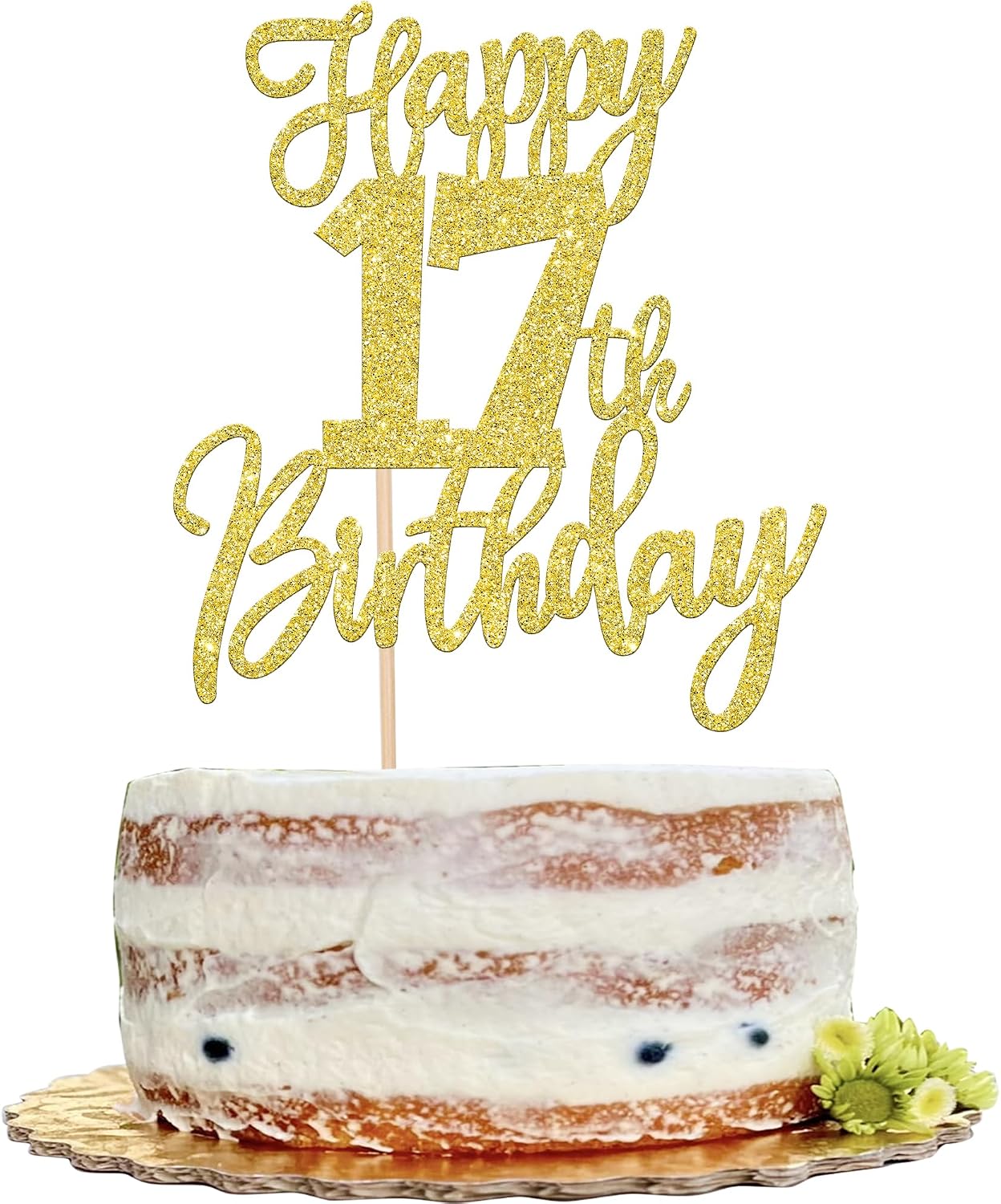 1 PCS Happy 17th Birthday Cake Topper Glitter Cheers to 17 Years Birthday Cake Pick Seventeen Hello 17 Cake Decoration for Happy 17th Birthday Anniversary Theme Party Decorations Supplies Gold