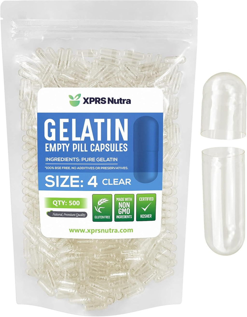 XPRS Nutra Size 4 Empty Capsules - 500 Count Small Clear Empty Gelatin Capsules - Pills DIY Capsule Filling - Fillable Pure Bovine Pill Gel Caps for Do-It-Yourself Supplements