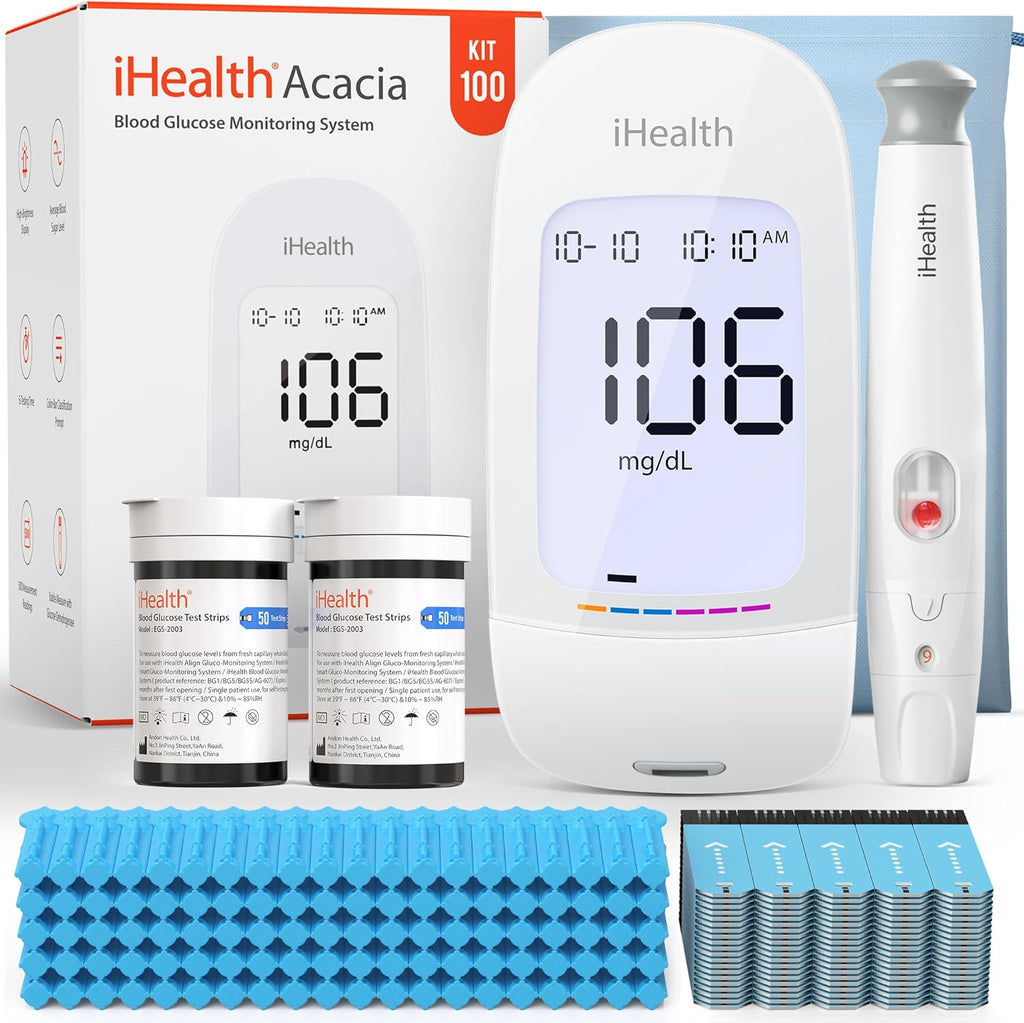 iHealth Acacia Blood Glucose Monitor Kit, 100 Glucometer Strips, 100 Lancets, 1 Blood Sugar Monitor, 1 Lancing Device, 1 Travel Bag, No Coding, Portable Blood Sugar Testing Kit, For People with Diabetes