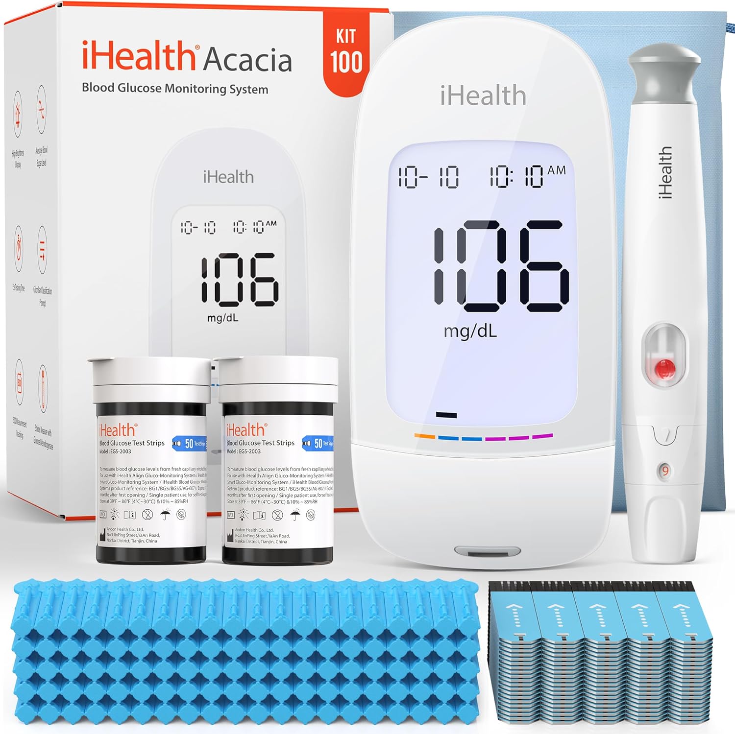 iHealth Acacia Blood Glucose Monitor Kit, 100 Glucometer Strips, 100 Lancets, 1 Blood Sugar Monitor, 1 Lancing Device, 1 Travel Bag, No Coding, Portable Blood Sugar Testing Kit, For People with Diabetes