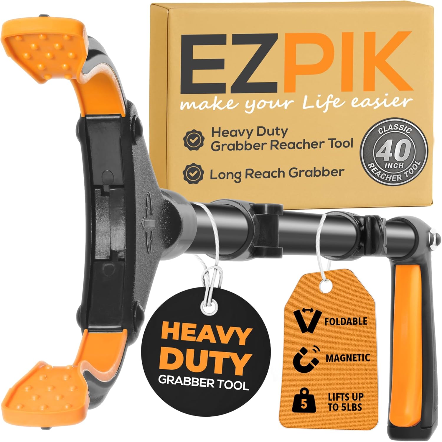 EZPIK Classic 40” Folding Grabber Reacher Tool with Dual Magnets, Heavy Duty Trash Picker Upper Grabber for Seniors & Disabled Users, Aluminum Pickup Tool for Everyday Reaching Aids (Black)