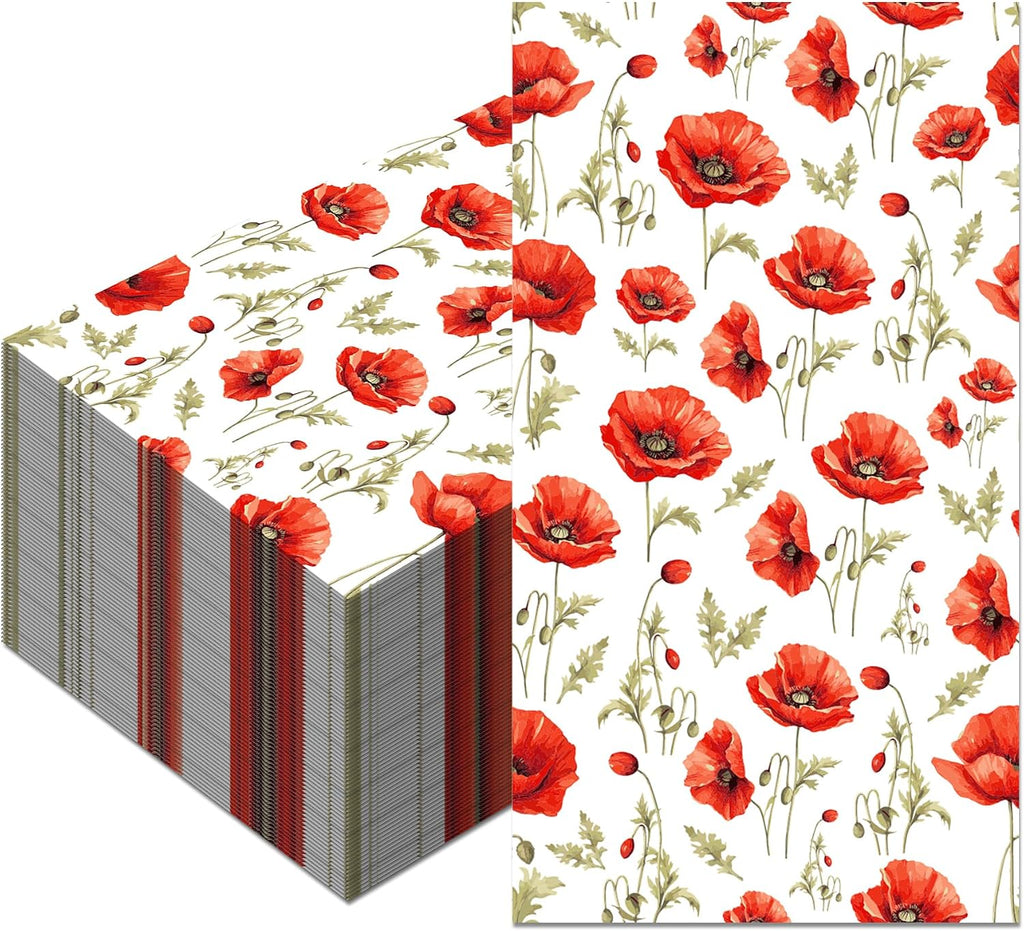 40PCS Poppy Floral Paper Napkins Flowers Paper Napkins Disposable Poppy Floral Guest Napkin Decorative Hand Napkin, Red Poppies Flowers Dinner Guest Napkin for Poppies Party Supplies, 4.5" x 8"