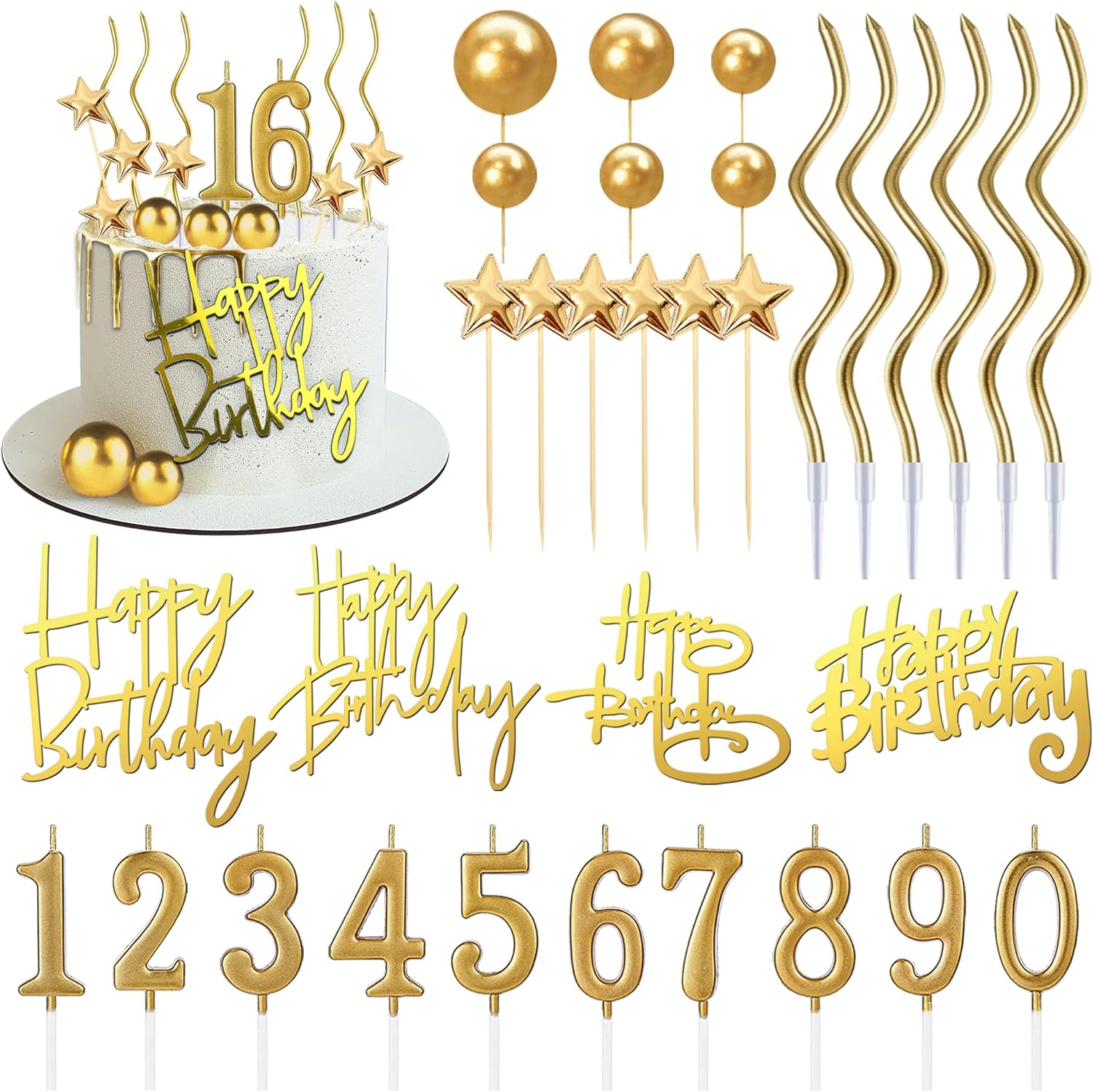 44 PCS Gold Happy Birthday Cake Toppers Set with Star Cake Toppers Ball Cake Decoration Spiral Candles Number Candles for Men Women Perfect Decoration for Birthday Celebration